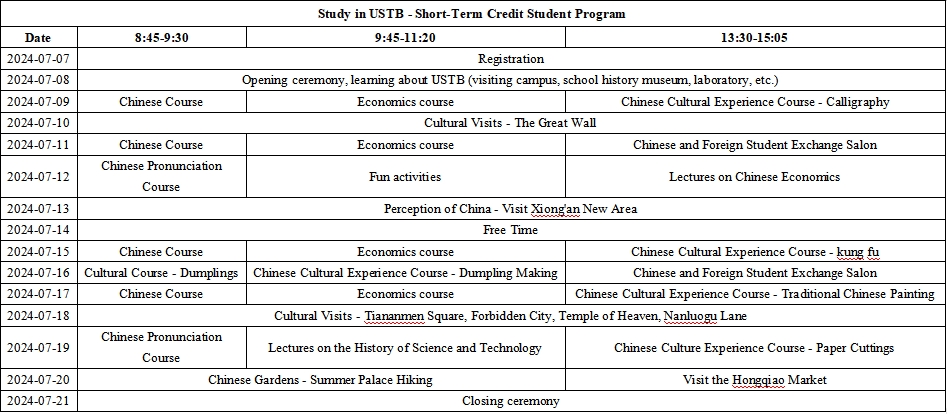 Study in USTB - Summer School Short-Term Credit Program 2024