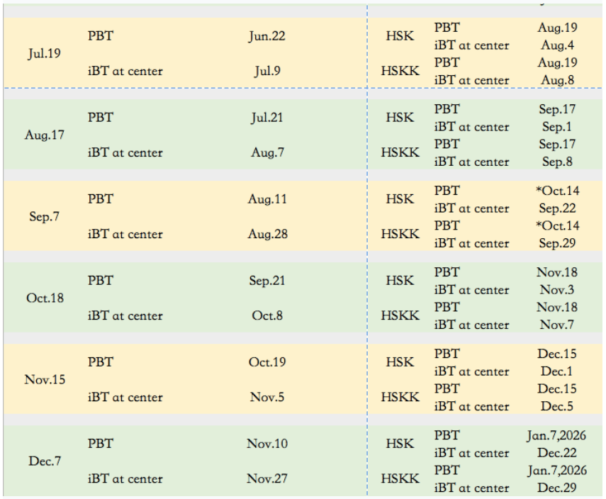 2025 HSK Test Calendar